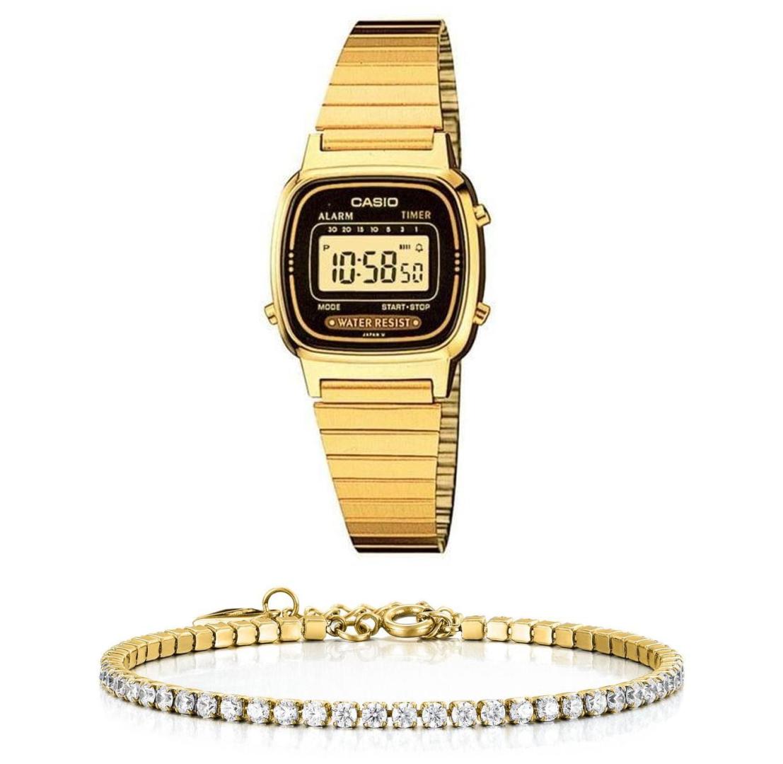 סט שעון יד דיגיטלי לאישה עם צמיד טניס מוזהב casio la670wga-1 קאסיו