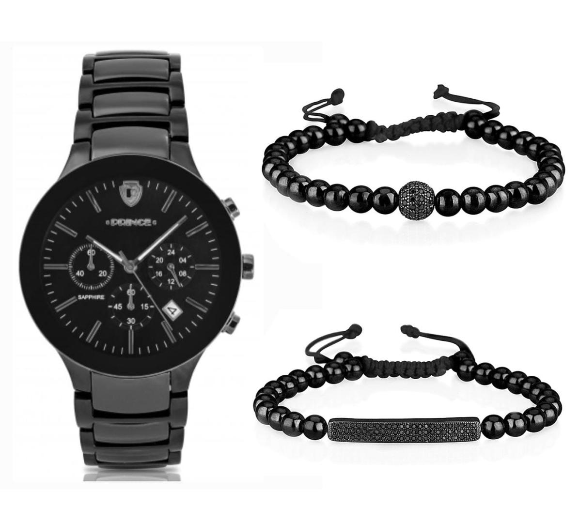 סט שעון יד אנלוגי לגבר עם 2 צמידי כדורים שחורים prince matrix c black פרינס