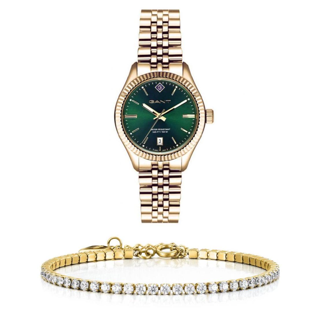 סט שעון יד אנלוגי לאישה עם צמיד טניס מוזהב gant g136011 גאנט