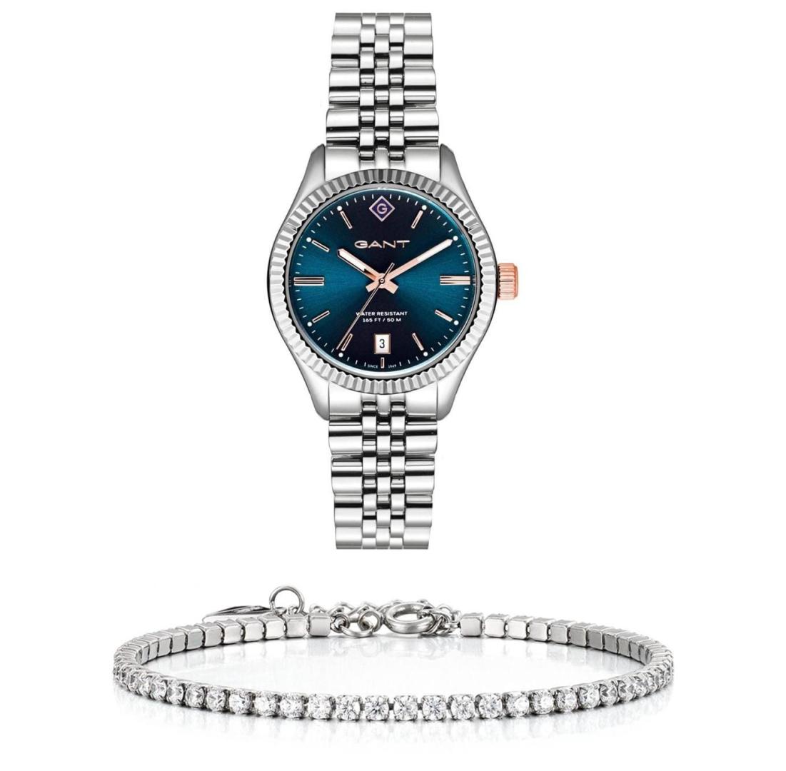 סט שעון יד אנלוגי לאישה עם צמיד טניס כסוף gant g136004 גאנט