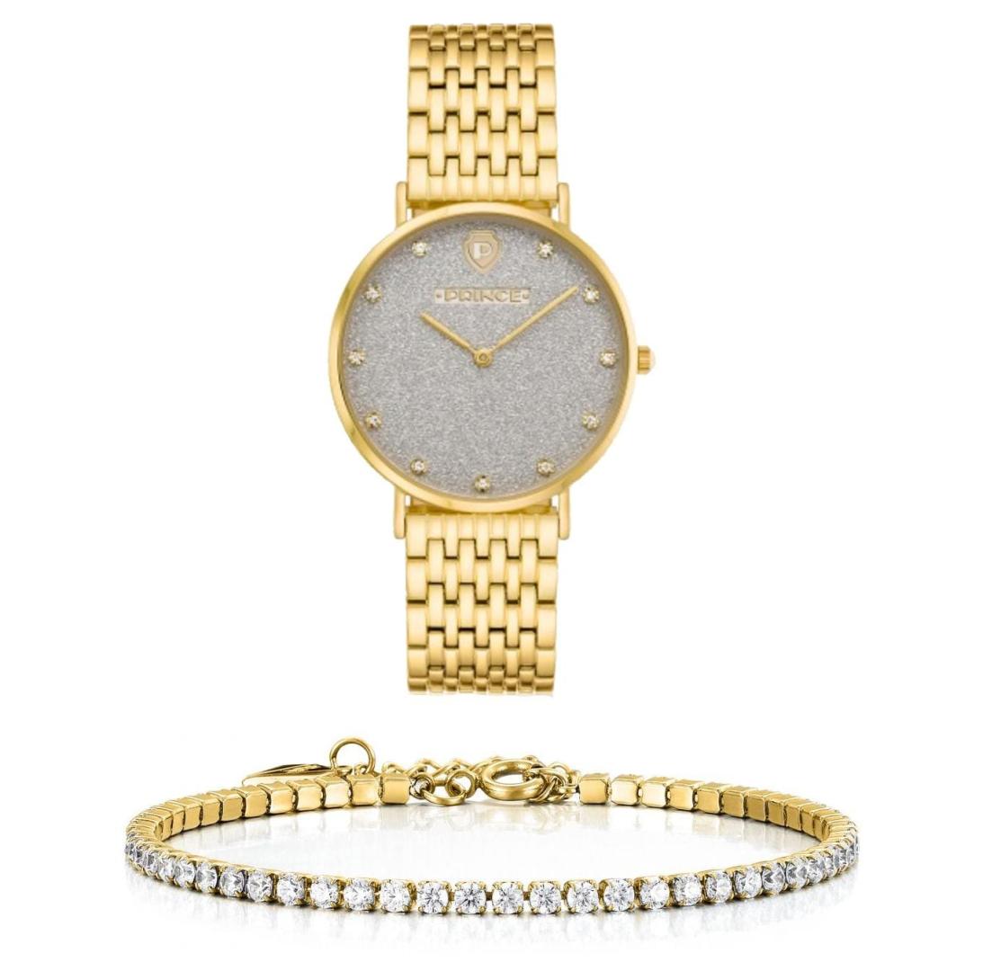 סט שעון יד אנלוגי לאישה עם צמיד טניס מוזהב prince sunny gold פרינס