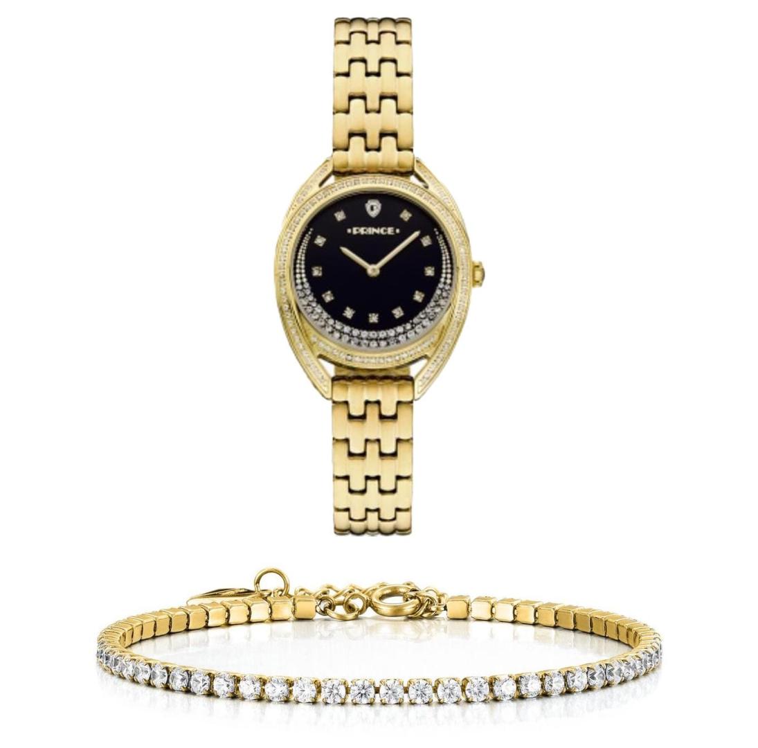 סט שעון יד אנלוגי לאישה עם צמיד טניס מוזהב prince ps2258 gold פרינס