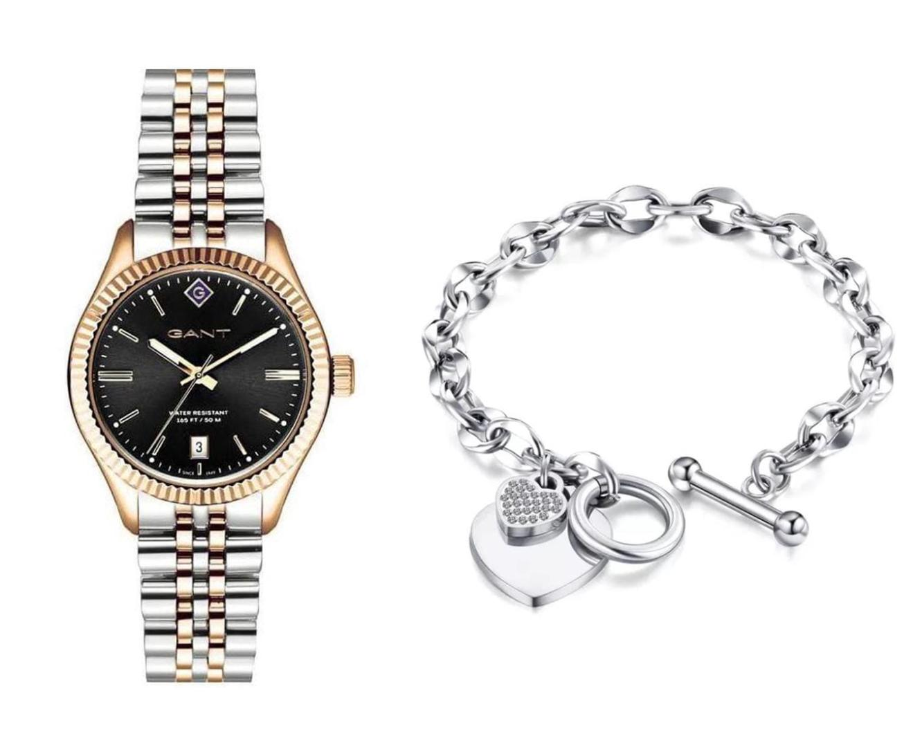 שעון יד אנלוגי לאישה gant g136010 גאנט עם צמיד לבבות כסוף