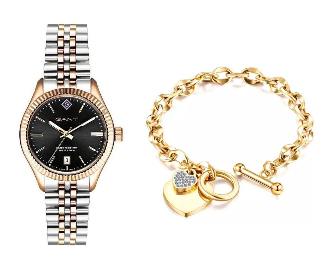 שעון יד אנלוגי לאישה gant g136010 גאנט עם צמיד לבבות מוזהב